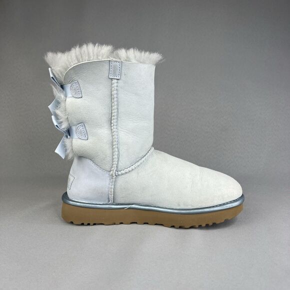 Womens UGG Boots Sz 6 Bailey Bow Metallic Blue Sky Suede Wool Coquette Rare - Picture 7 of 16